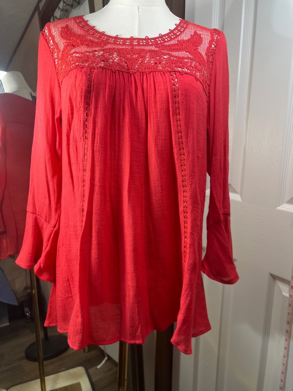 new directions Red Crochet Yoke Long-Sleeve Tunic